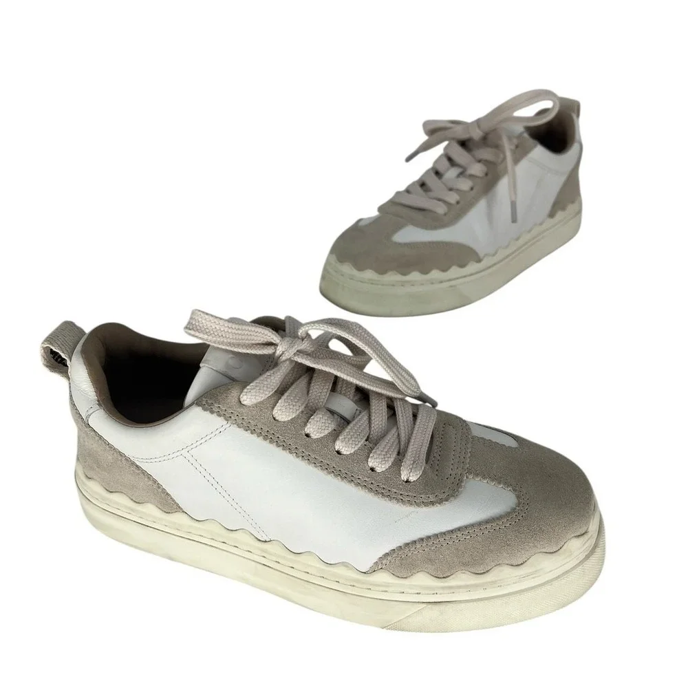 Chloé Lauren Leather Suede‎ Platform Sneakers White Beige 37